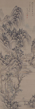 絹本淡彩 秋景山水図
