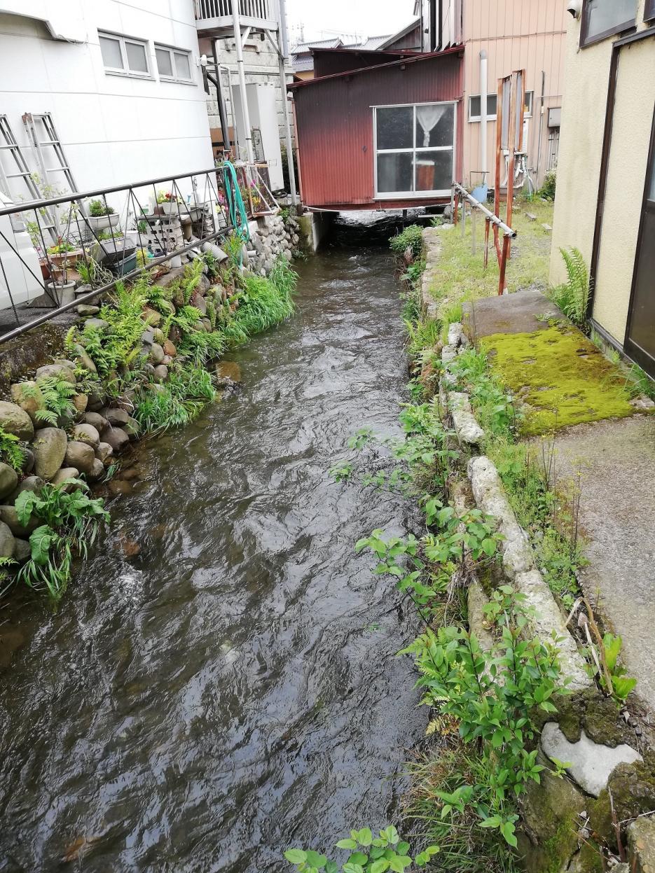 住宅の間を西進