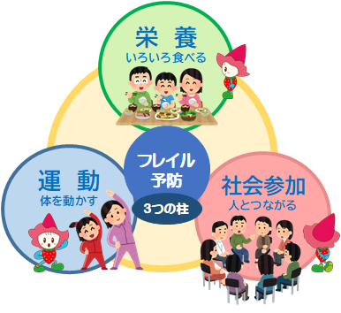 フレイル予防には3つの柱。栄養（いろいろ食べる）社会参加（人とつながる）運動（体を動かす）