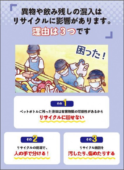 異物や飲み残しの混入はリサイクルに影響があります。理由は3つです。1リサイクルに回せない2人の手でわける3汚したり、傷めたりする
